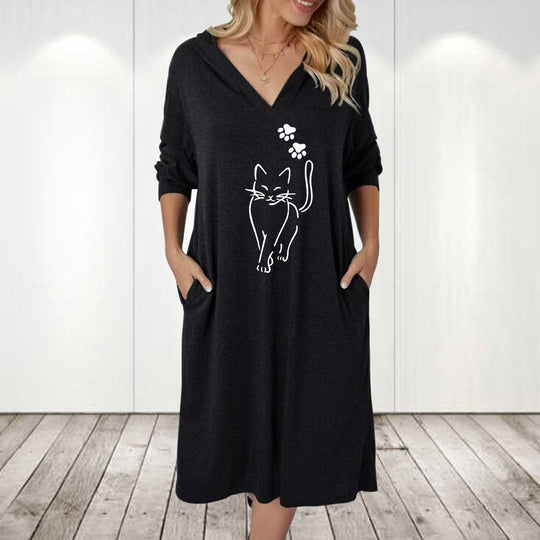 Damen Kapuzenkleid mit süßem Katzenmotiv und praktischen Taschen Shopnory