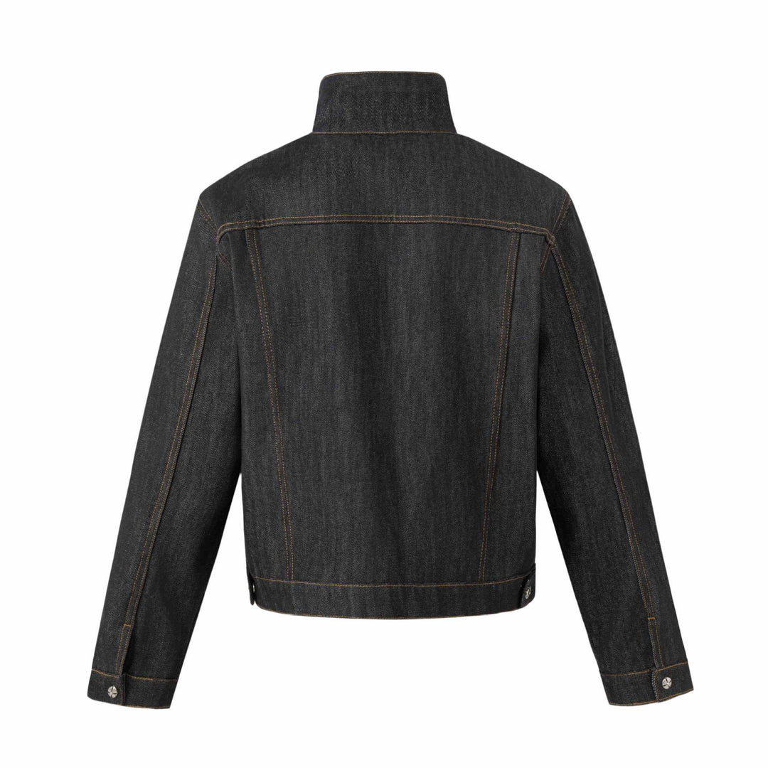 Unisex Kurz geschnittene Denimjacke mit hohem Stehkragen und Ziernähten Shop Nory