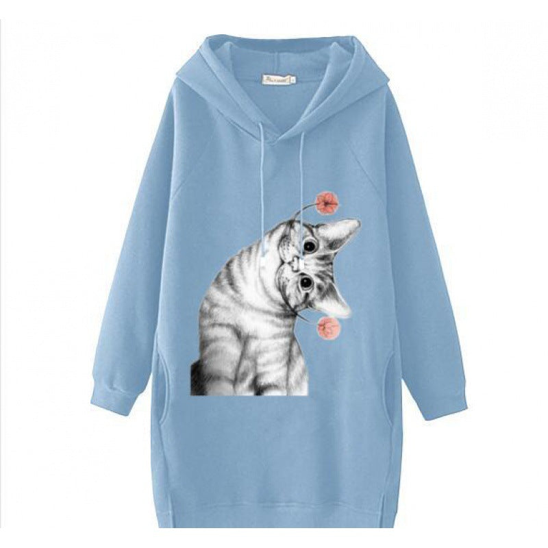 Damen Oversize Kapuzenkleid aus Sweat mit großem Katzenprint und Seitentaschen Shop Nory