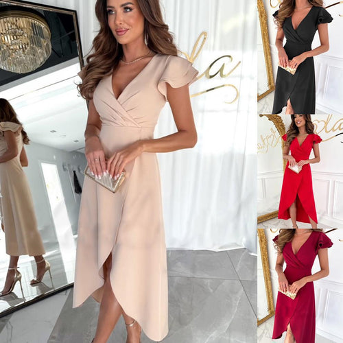 Damen elegantes Wickelkleid mit Rüschenärmeln und seitlichem Schlitz