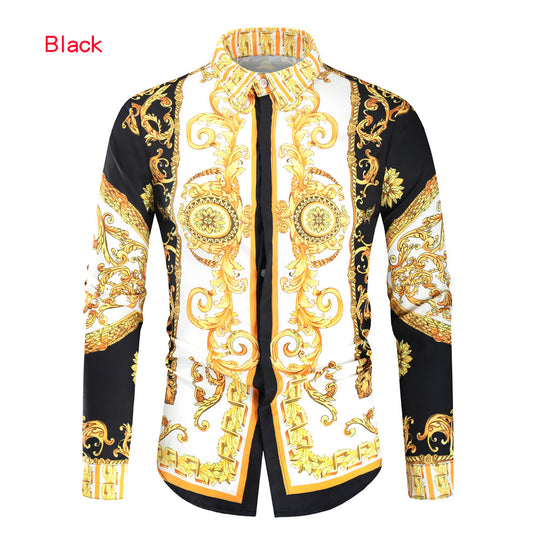 Herren nan barockes Langarm-Hemd mit ornamentalem Druck, Kentkragen und tailliertem Schnitt Shop Nory