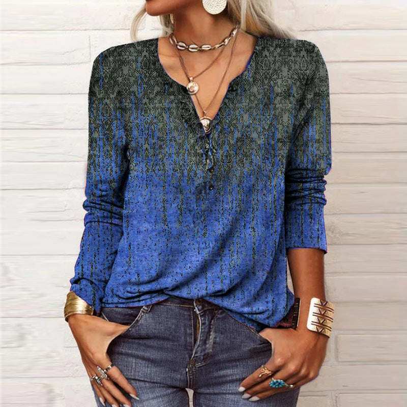 Damen Lockeres Langarm‑Henleyshirt mit V‑Ausschnitt, Knopfleiste und Ombre‑Print Shop Nory