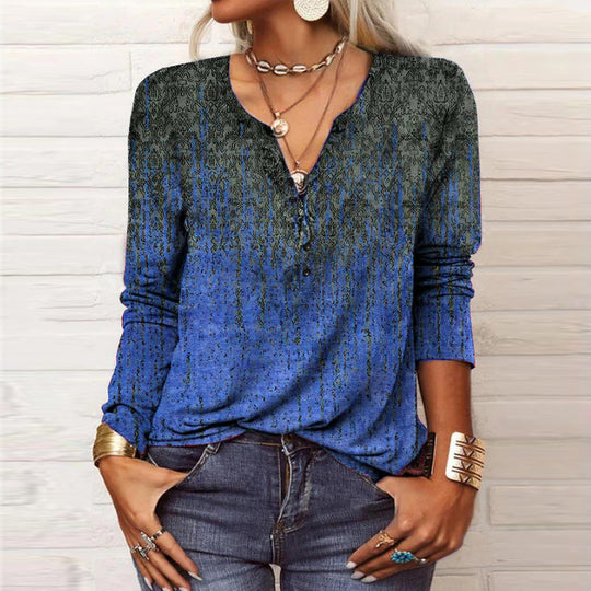 Damen Lockeres Langarm‑Henleyshirt mit V‑Ausschnitt, Knopfleiste und Ombre‑Print Shop Nory