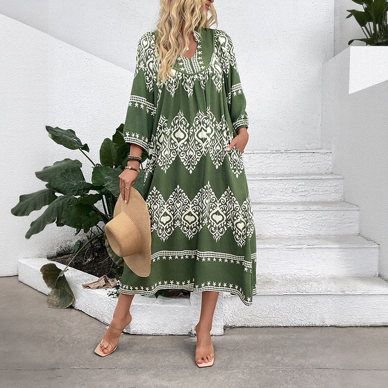 Damen Langes Boho‑Maxikleid mit lockerer A‑Linie, U‑Ausschnitt und aufgesetzten Taschen Shop Nory