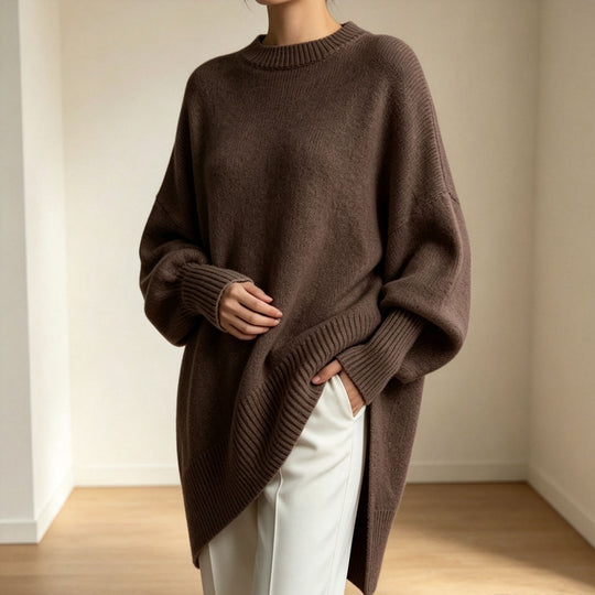 Damen Oversize Longline Feinstrick-Pullover mit Raglanärmeln und geripptem Saum Shop Nory