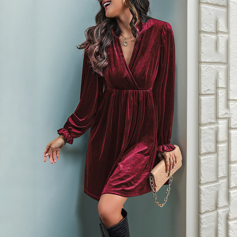 Damen Festliches Samt-Minikleid mit Wickel‑V-Ausschnitt, taillierter Raffung und voluminösen Ballonärmeln Shop Nory