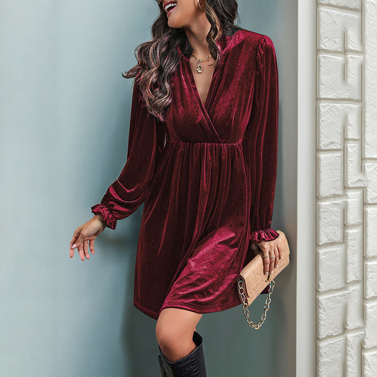 Damen Festliches Samt-Minikleid mit Wickel‑V-Ausschnitt, taillierter Raffung und voluminösen Ballonärmeln Shop Nory
