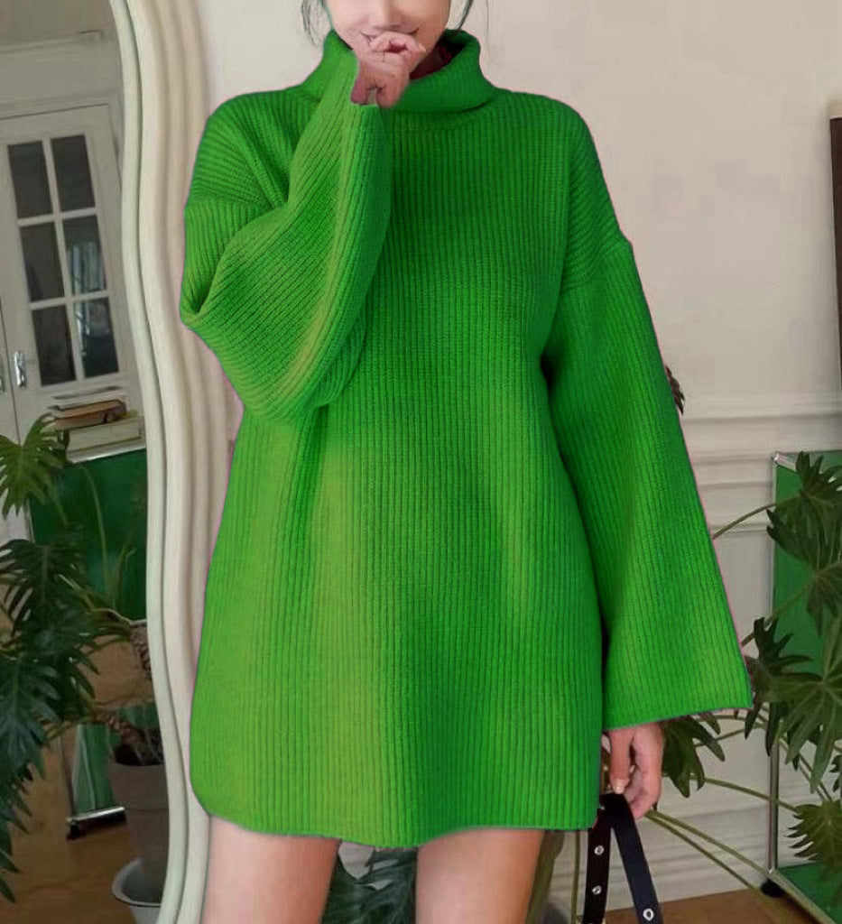 Damen Langer Strickpullover mit hohem Kragen und weit ausgestellten Ärmeln