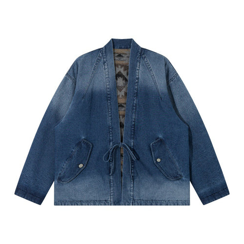 Unisex Jeans-Kimonojacke mit Bindegürtel und gemusterter Futterung Shop Nory