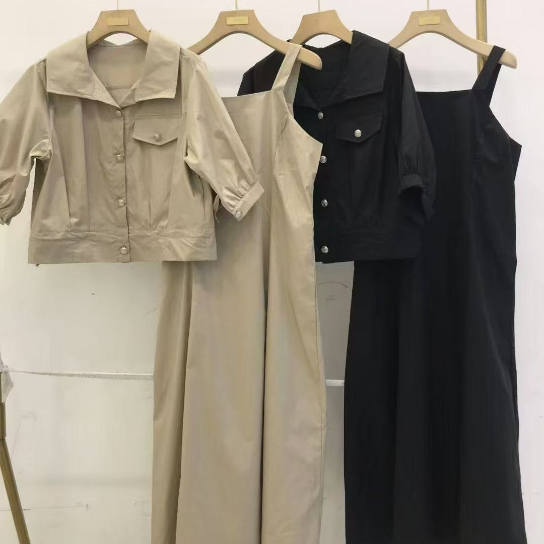 Damen Zweiteiliges Leinenoptik-Midikleid mit kurzer Jacke, tailliertem Gummizug und Puffärmeln Shop Nory