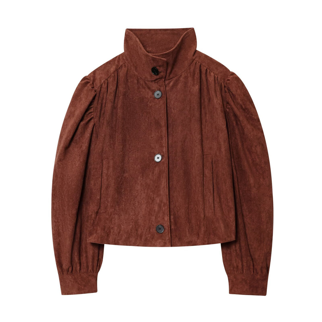 Damen Kurzjacke aus Velourslederimitat mit Stehkragen, gerafften Balloonärmeln und Knopfleiste Shop Nory