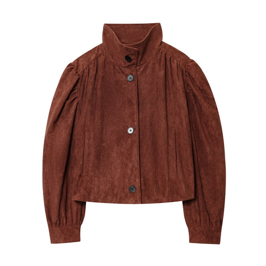 Damen Kurzjacke aus Velourslederimitat mit Stehkragen, gerafften Balloonärmeln und Knopfleiste Shop Nory