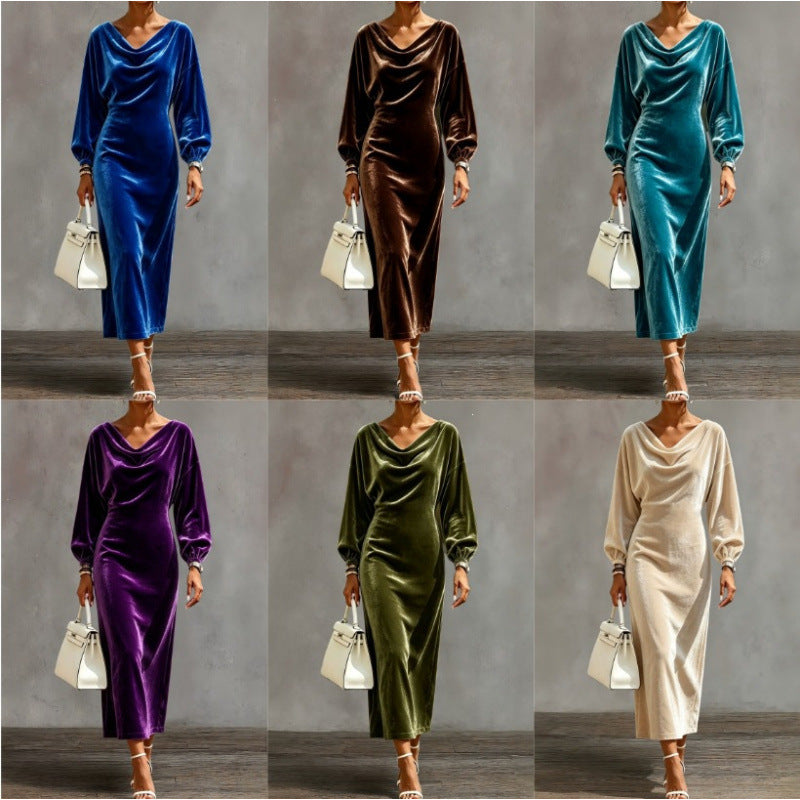 Damen Midikleid aus Samt mit drapiertem Wasserfallkragen und Ballonärmeln Shop Nory