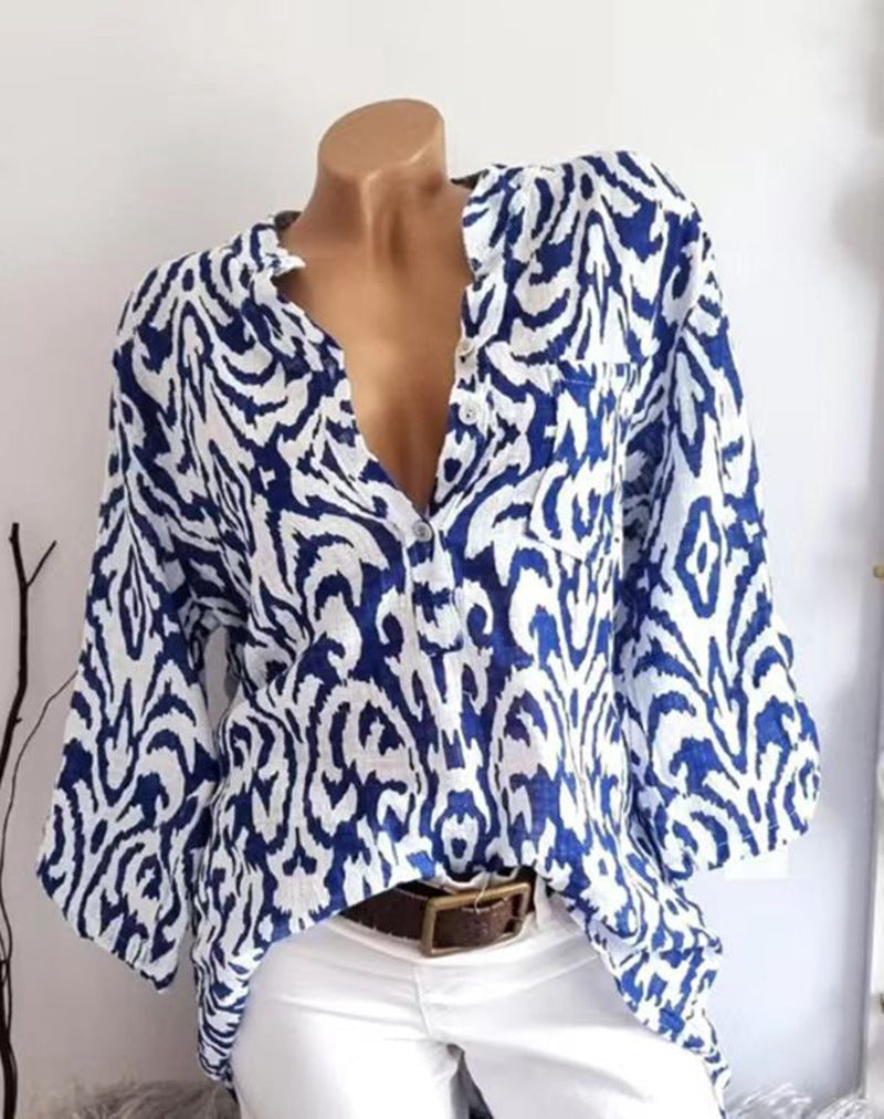 Damen nan locker geschnittene Tunika-Bluse mit Ikat‑Muster, V‑Ausschnitt und Dreiviertelärmeln Shopnory