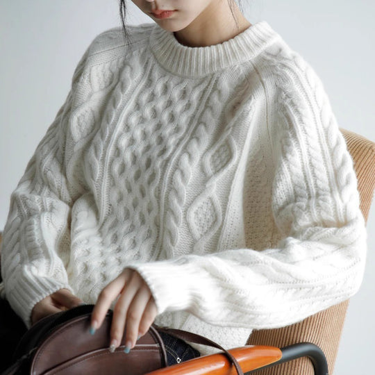 Damen Strukturierter Zopfmuster-Pullover aus Merino-Mix mit gerippten Abschlüssen und kastiger Passform Shop Nory