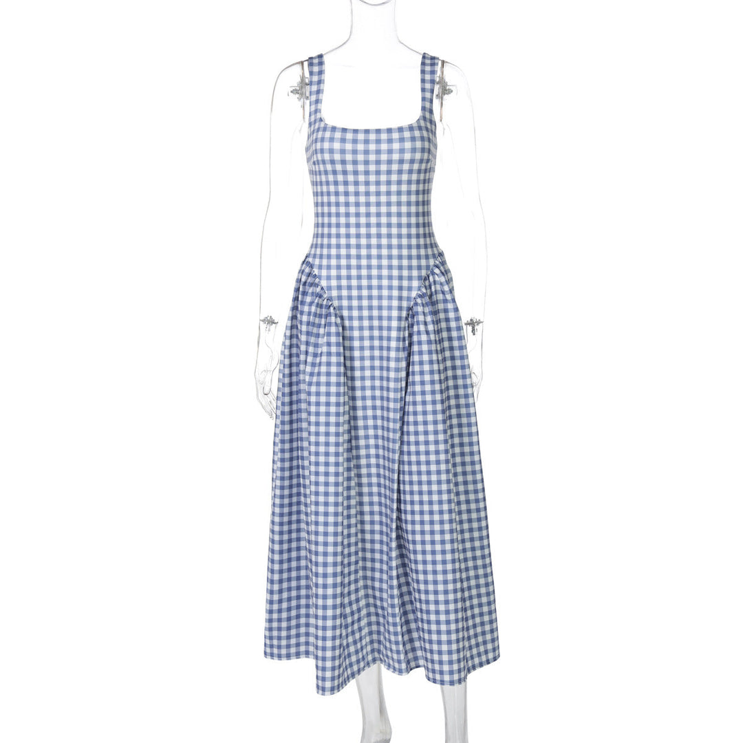 Damen Sommerliches Maxikleid mit Karo-Design und seitlichen Raffungselementen