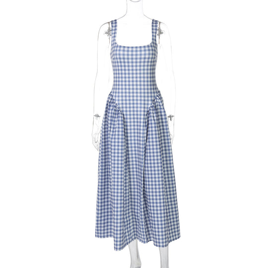 Damen Sommerliches Maxikleid mit Karo-Design und seitlichen Raffungselementen