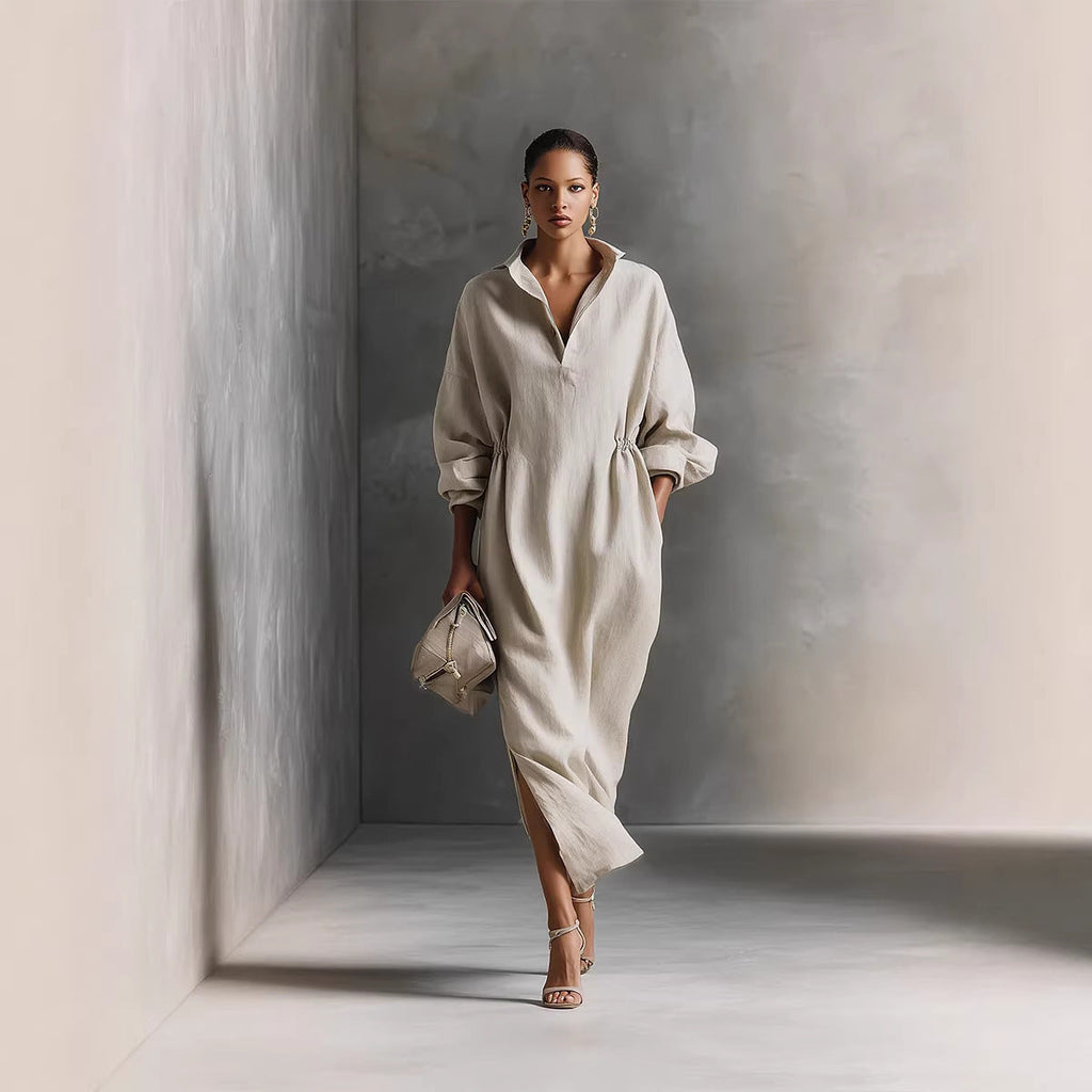 Damen stilvolles Midikleid mit Bindegürtel und klassischem Kragen