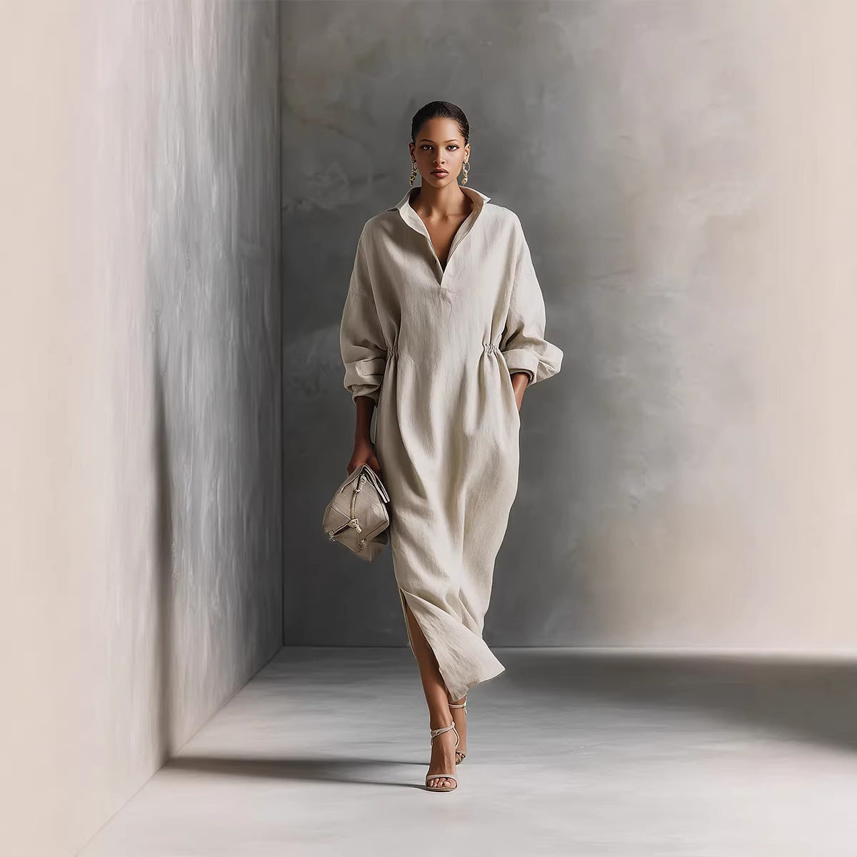 Damen stilvolles Midikleid mit Bindegürtel und klassischem Kragen