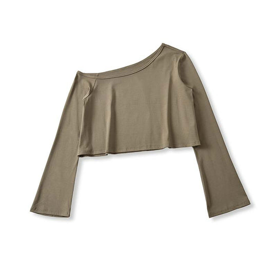 Damen Cropped Off-Shoulder Longsleeve mit ausgestellten Trompetenärmeln aus Jersey Shop Nory