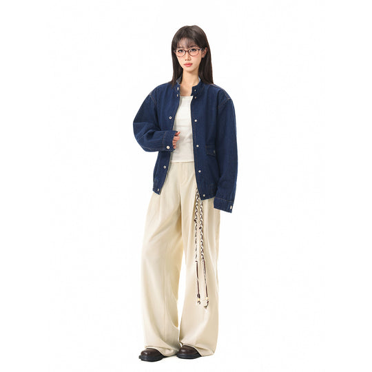 Unisex Boxy-Jeansblousonjacke mit Karo-Futter, Stehkragen und Pattentaschen Shop Nory