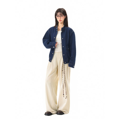 Unisex Boxy-Jeansblousonjacke mit Karo-Futter, Stehkragen und Pattentaschen Shop Nory