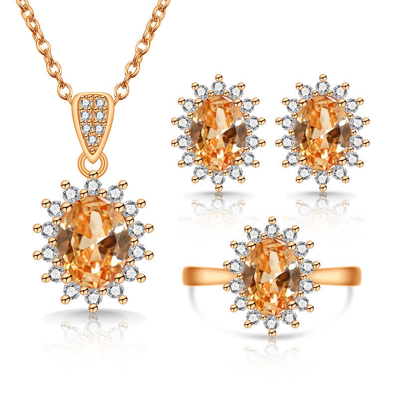 Oval facettiertes Edelstein-Halo-Pendant mit passenden Halo-Ohrringen und verstellbarem Cocktailring-Set