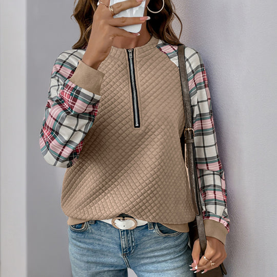 Damen Gesteppter Raglan-Sweatpullover mit halbem Reißverschluss und Karoärmeln Shop Nory