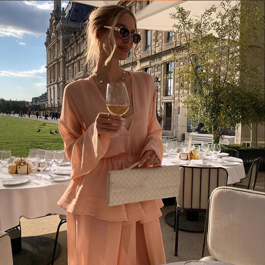Damen Zweiteiliges Chiffon-Set mit V-Ausschnitt, voluminösen Ärmeln und Plissee-Maxirock Shop Nory