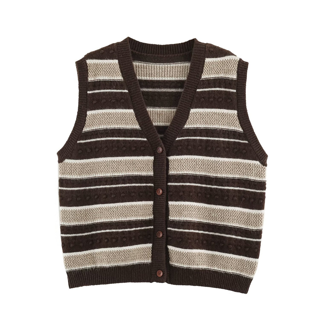 Damen Feingestrickte Weste mit V-Ausschnitt, Strukturstreifen und Knopfleiste Shop Nory
