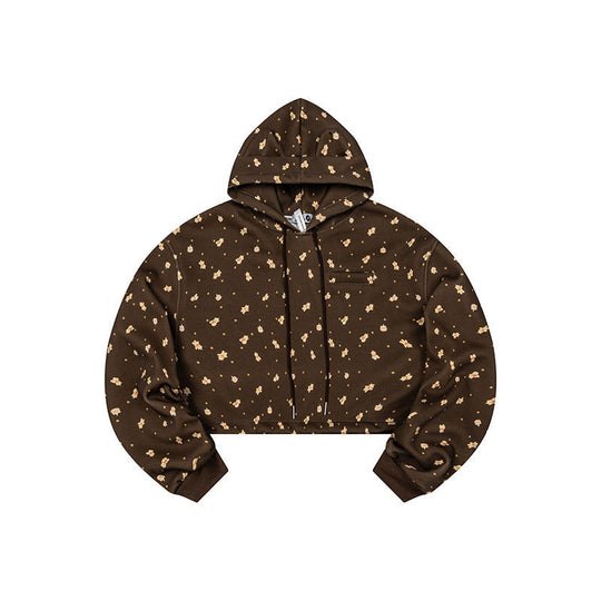Damen Cropped Kapuzen-Sweatshirt mit Allover-Blumenprint, Brusttasche und gerafftem Saum Shop Nory