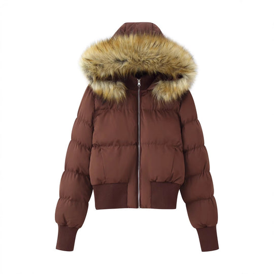 Damen Gepolsterte Cropped-Bomberjacke mit Kapuze und abnehmbarem Kunstpelzbesatz Shop Nory