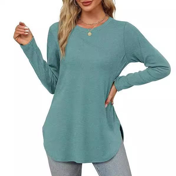 Damen Lässiges Longsleeve-Tunikaoberteil mit Rundhalsausschnitt, Seitenschlitzen und Aquarell-Blattprint Shop Nory