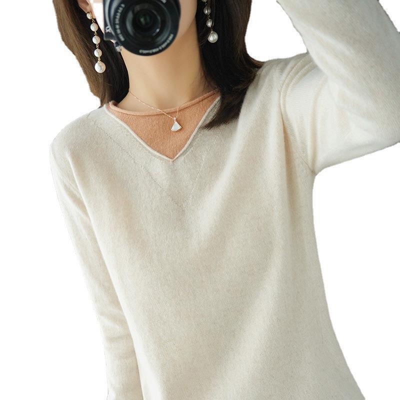 Damen Weicher V‑Ausschnitt-Pullover aus Kaschmir‑Look mit kontrastierter Kantenverzierung Shop Nory