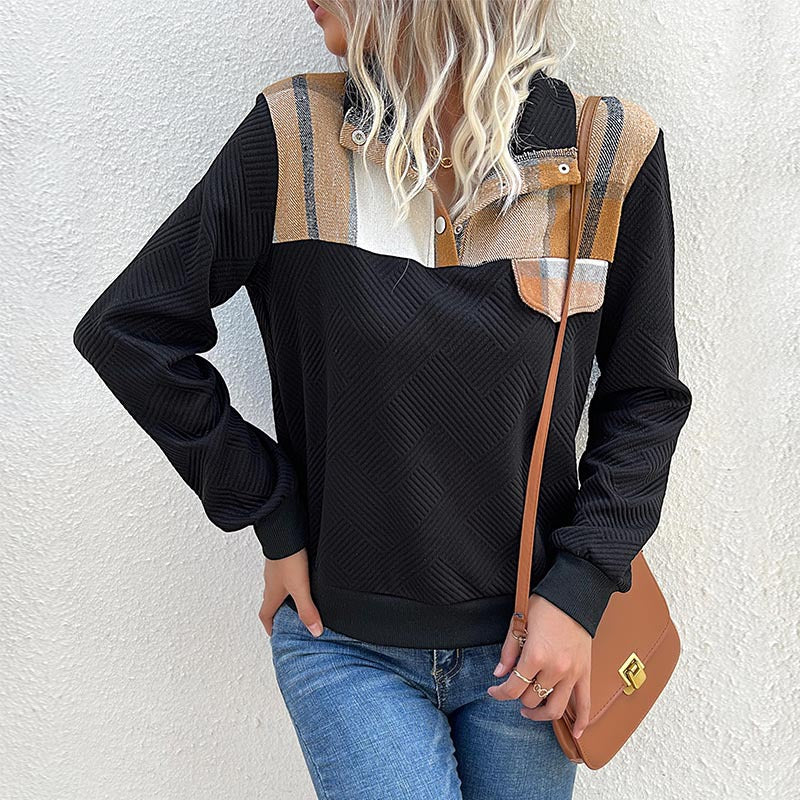 Damen Stepp-Sweatshirt mit Karodetail, Knopfblende und geripptem Bund Shop Nory