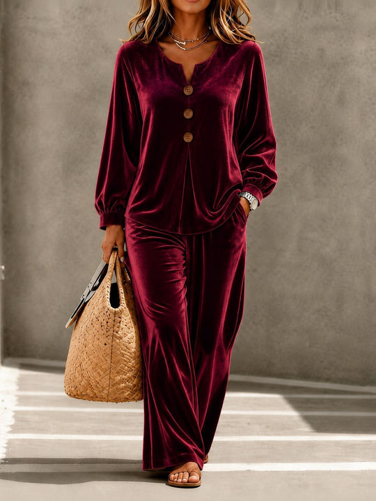 Damen nan weiches Samt Lounge-Set mit V-Ausschnitt Knopfblende und weitem Bein Shop Nory