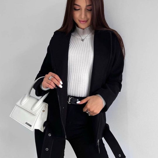 Damen nan kurz geschnittener Wolloptik-Mantel mit verdecktem Reißverschluss, Taillengürtel und aufgesetzten Taschen Shop Nory
