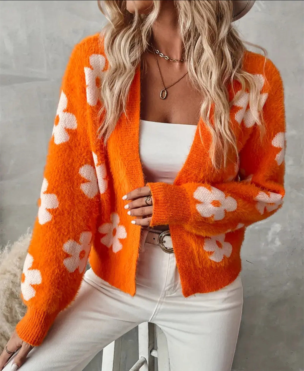 Damen Flauschiger Cardigan mit Blumenmuster