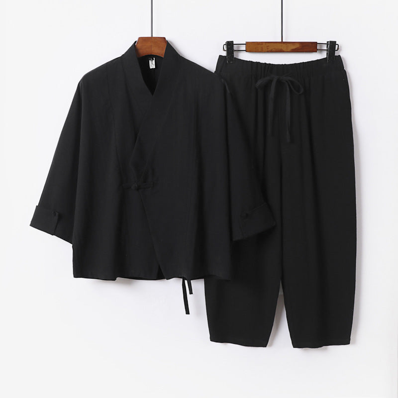 Herren Atmungsaktives Leinen-Baumwoll Lounge-Set mit asymmetrischem V-Kragen und elastischer Kordelhose Shop Nory