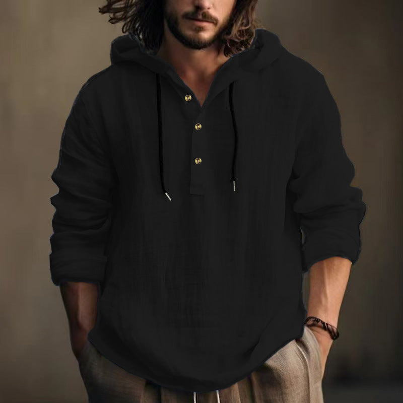 Herren nan leichtes Kapuzen-Henley Leinenhemd mit Knopfleiste und Kordelzug Shop Nory