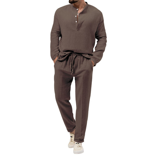 Herren Lässiges Zweiteiliges Lounge-Set aus Baumwoll-Gauze mit Henley-Oberteil und Tunnelzug-Hose Shop Nory
