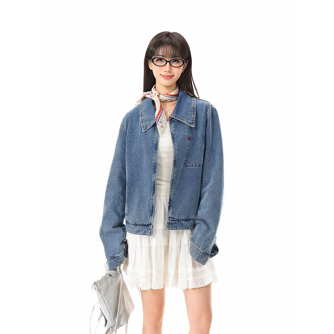 Damen Kurze Oversize-Denimjacke mit durchgehendem Reißverschluss und Brusttasche Shop Nory