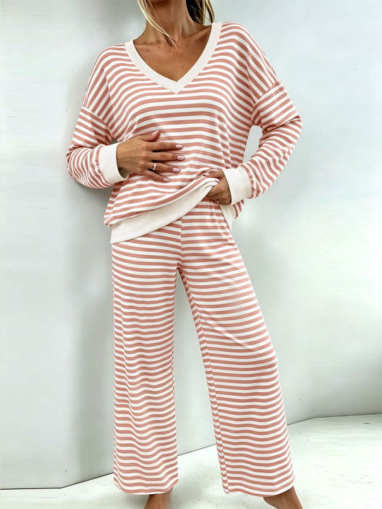 Damen Maritimes Zweiteiler mit V-Ausschnitt, Oversize-Pullover und Palazzo‑Hose Shop Nory