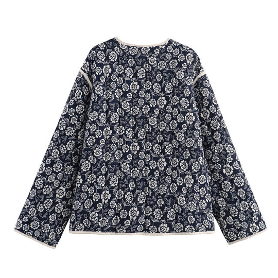 Damen gesteppte Jacke mit floralem Allover, V-Ausschnitt, Kontrastpaspel und aufgesetzten Taschen Shop Nory