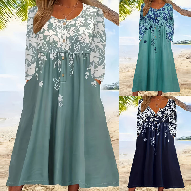 Damen Maxikleid mit V-Ausschnitt, Blumenprint, Knopfleiste und Eingrifftaschen Shop Nory