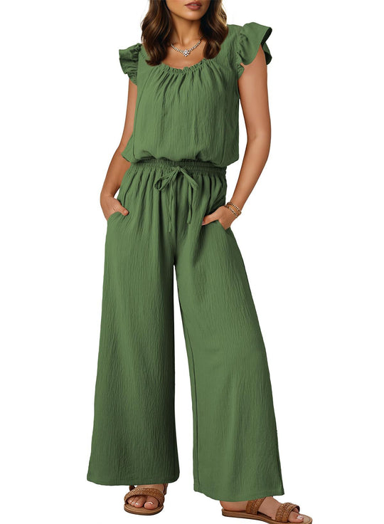 Damen Crinkle-Overall mit weitem Bein, elastischem Taillenbund und Rüschenärmeln Shop Nory