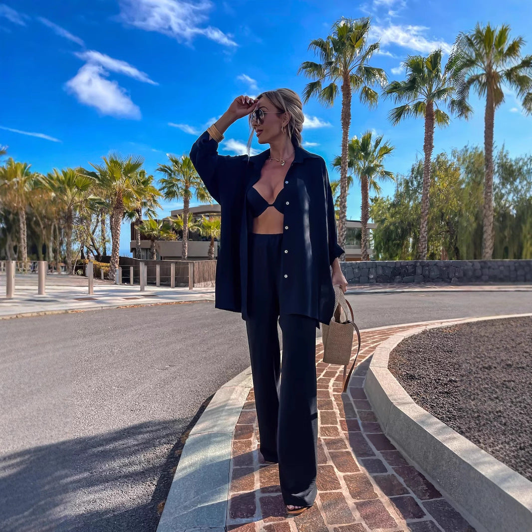 Damen legeres Leinen-Lounge-Set mit Hemdjacke im Oversize-Schnitt und weitem Bundfaltenhose Shop Nory