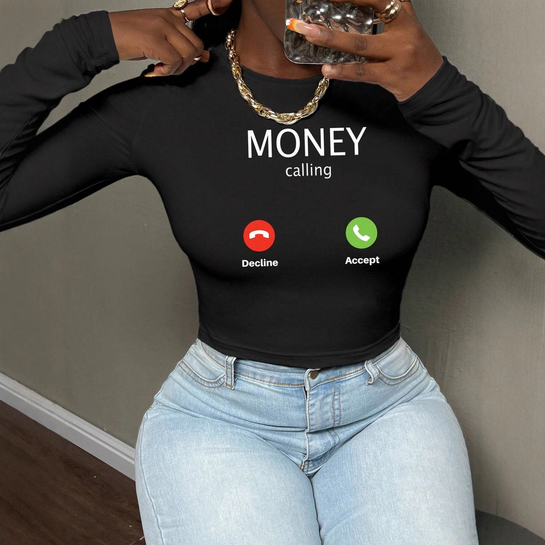 Damen nan kurzes Cropped-Longsleeve mit auffälligem Statement-Print und Call-Icon-Design Shop Nory