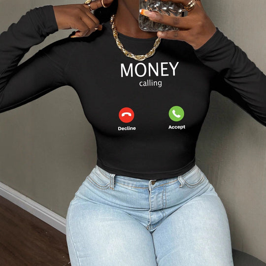 Damen nan kurzes Cropped-Longsleeve mit auffälligem Statement-Print und Call-Icon-Design Shop Nory