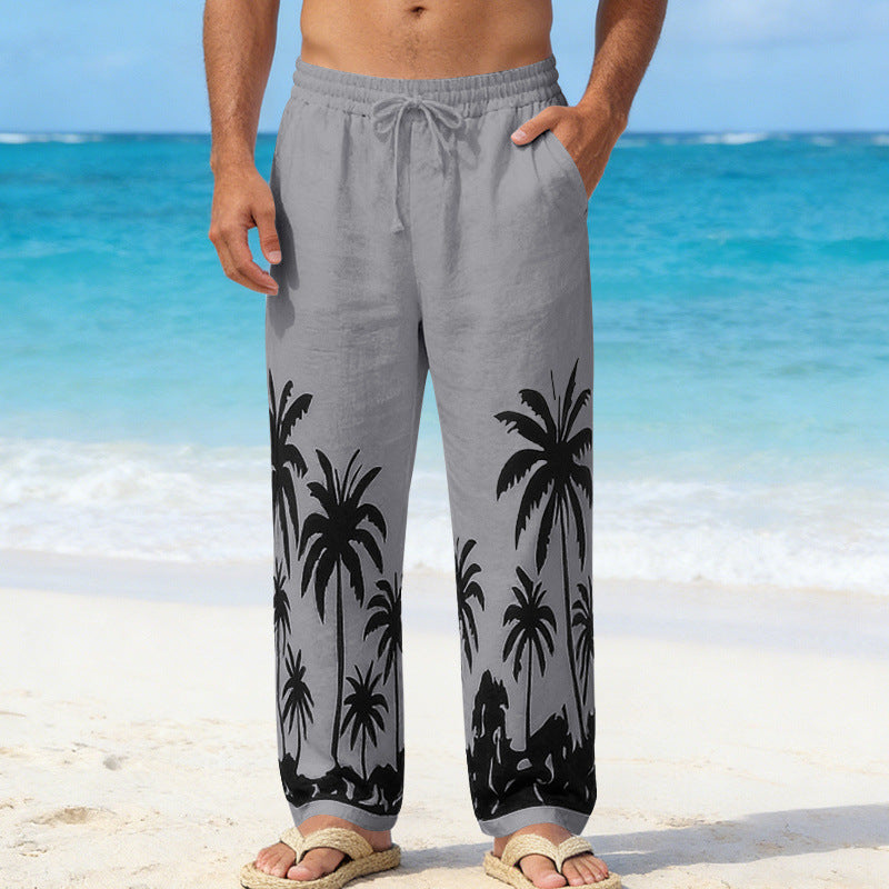 Herren Leinenoptik-Strandhose mit Palmenprint Relaxed-Fit und Kordelzug Shop Nory